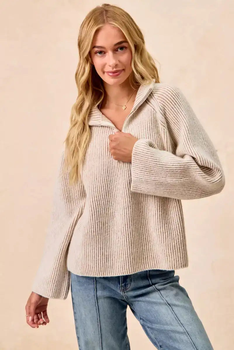 BiBi Two Tone Rib Texured Knit Collared Top with Zip Up - Sleekdenim.com