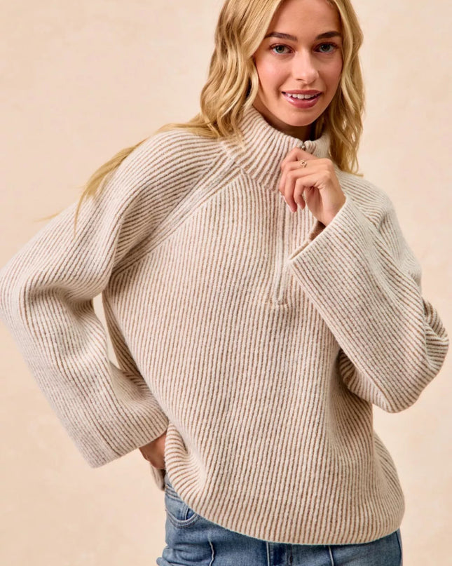 BiBi Two Tone Rib Texured Knit Collared Top with Zip Up - Sleekdenim.com