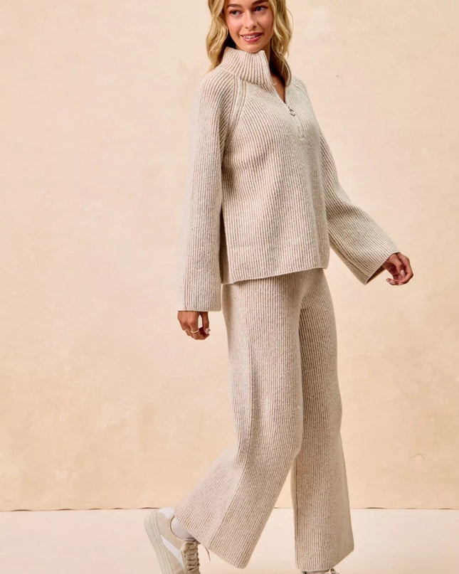 BiBi Two Tone Rib Texured Knit Collared Top with Zip Up - Sleekdenim.com