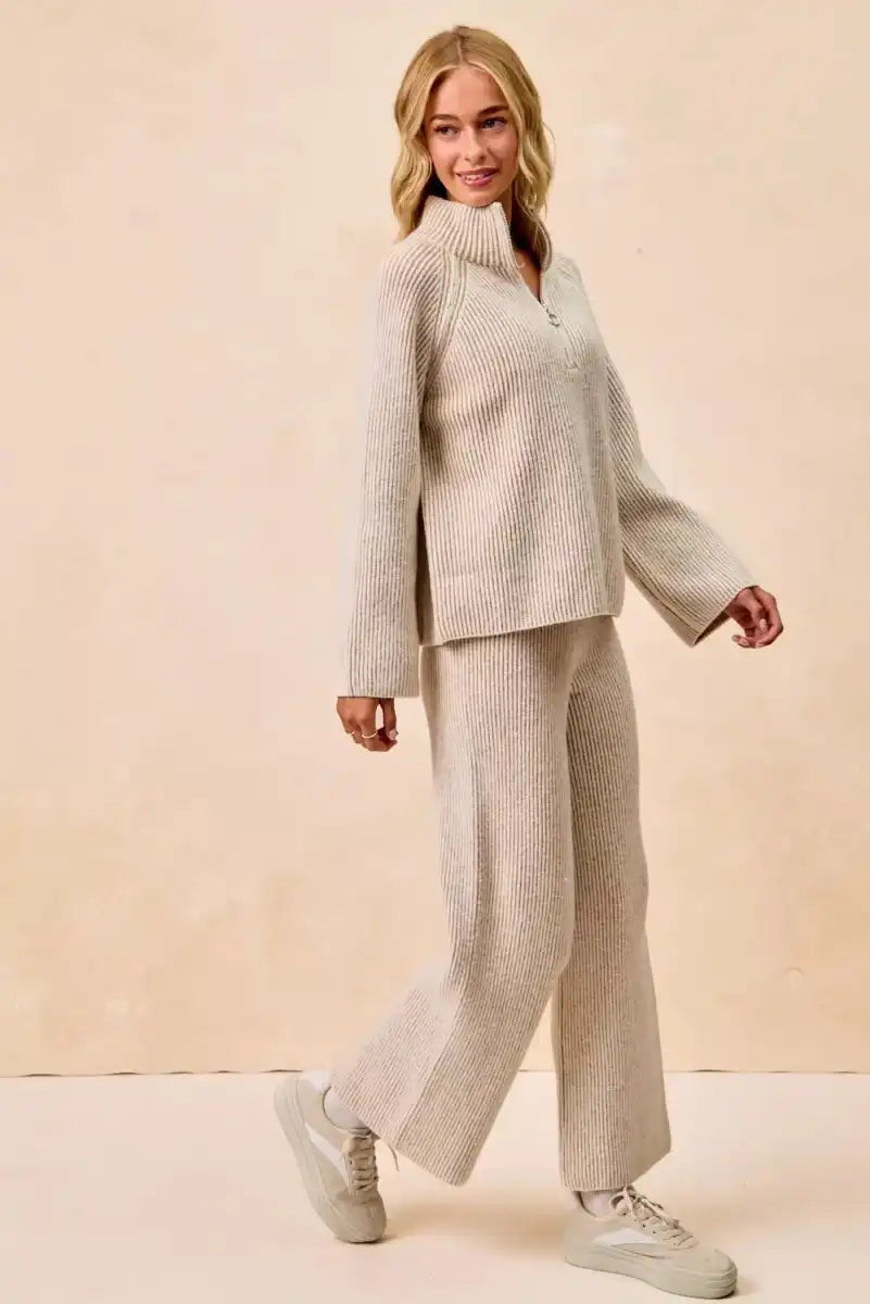 BiBi Two Tone Rib Texured Knit Collared Top with Zip Up - Sleekdenim.com