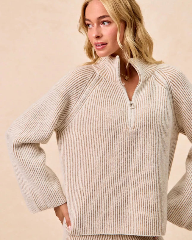 BiBi Two Tone Rib Texured Knit Collared Top with Zip Up - Sleekdenim.com