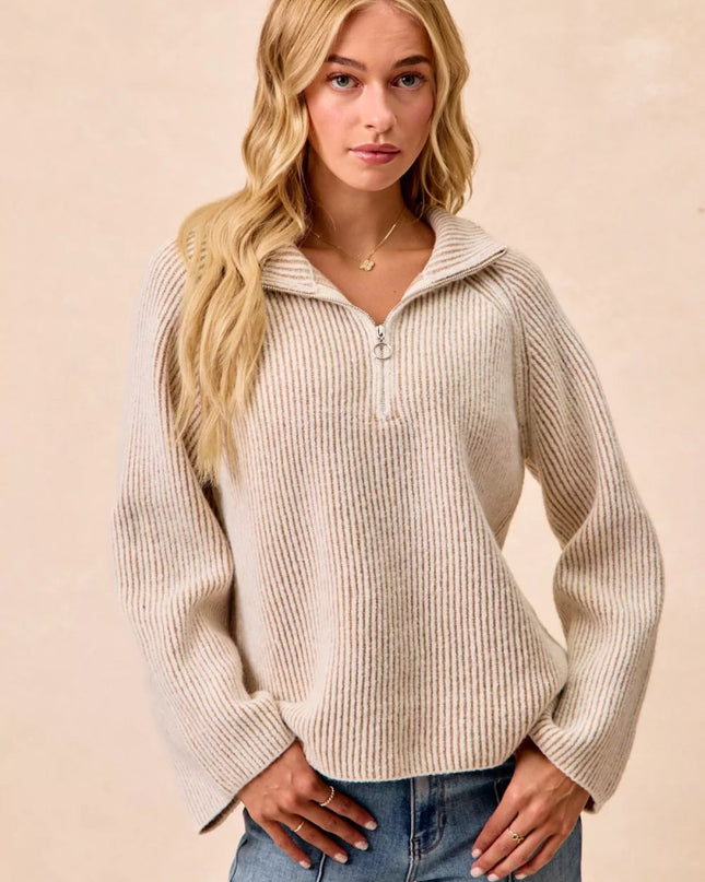 BiBi Two Tone Rib Texured Knit Collared Top with Zip Up - Sleekdenim.com