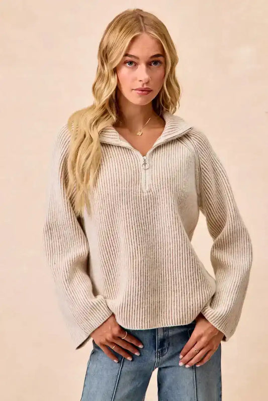 BiBi Two Tone Rib Texured Knit Collared Top with Zip Up - Sleekdenim.com