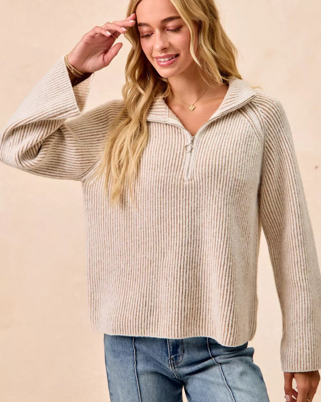 BiBi Two Tone Rib Texured Knit Collared Top with Zip Up - Sleekdenim.com