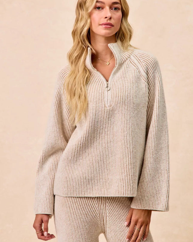 BiBi Two Tone Rib Texured Knit Collared Top with Zip Up - Sleekdenim.com