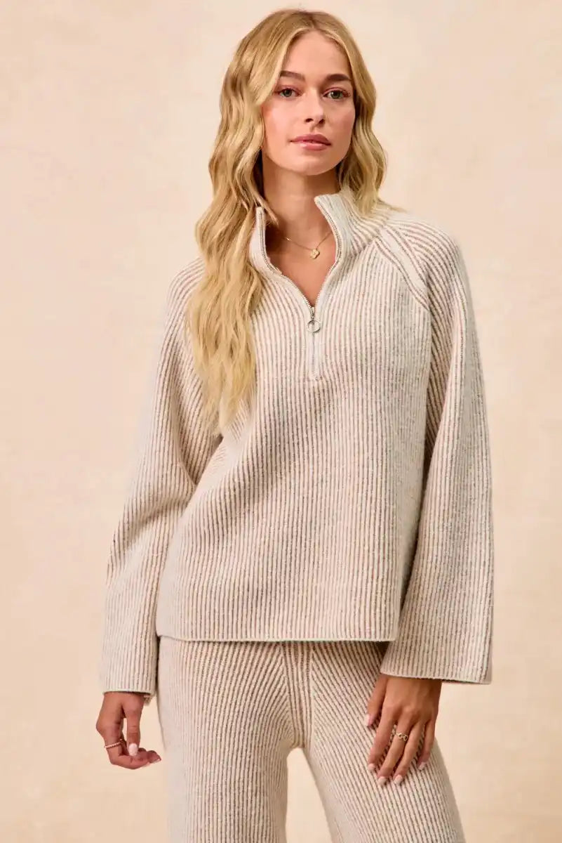 BiBi Two Tone Rib Texured Knit Collared Top with Zip Up - Sleekdenim.com