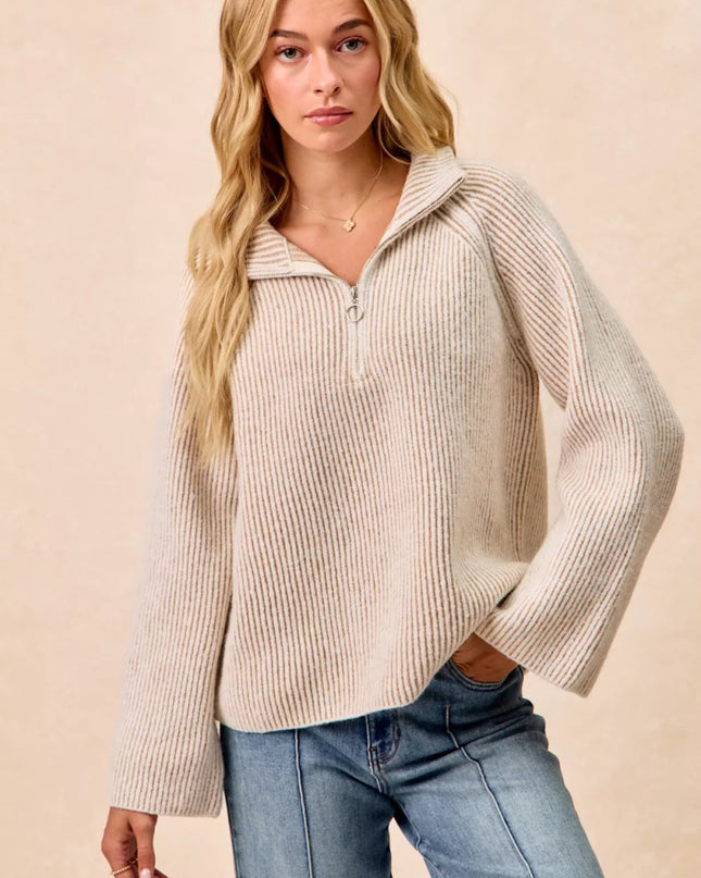 BiBi Two Tone Rib Texured Knit Collared Top with Zip Up - Sleekdenim.com