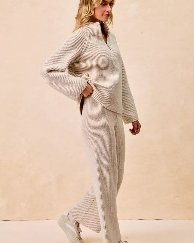 BiBi Two Tone Rib Texured Knit Collared Top with Zip Up - Sleekdenim.com