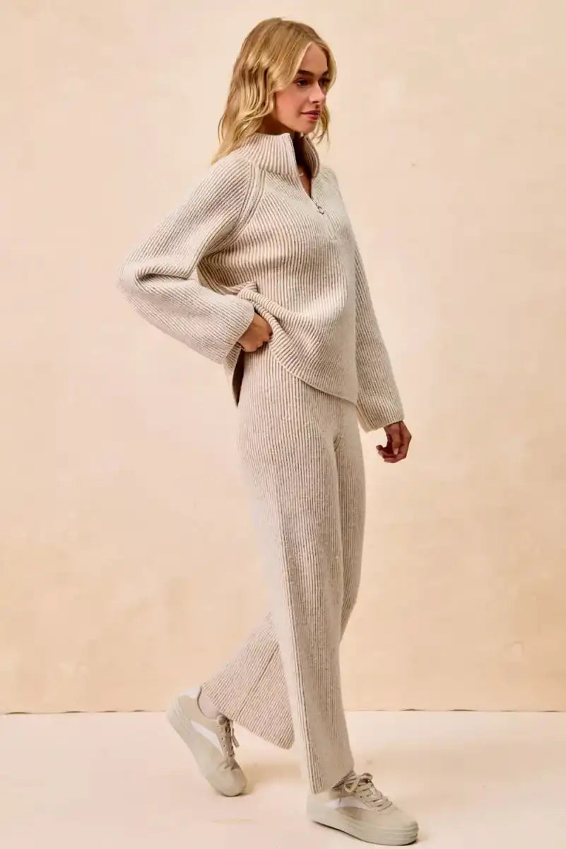 BiBi Two Tone Rib Texured Knit Collared Top with Zip Up - Sleekdenim.com