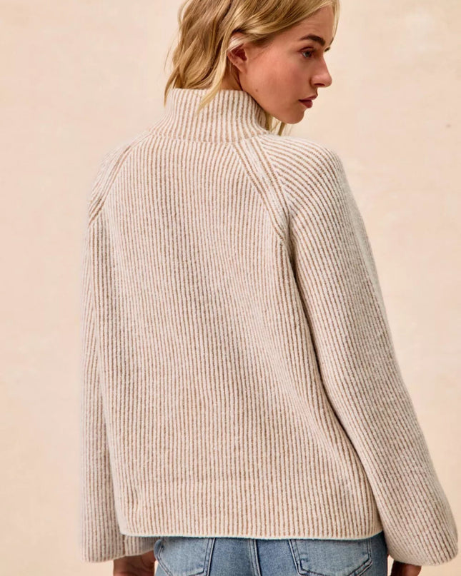 BiBi Two Tone Rib Texured Knit Collared Top with Zip Up - Sleekdenim.com