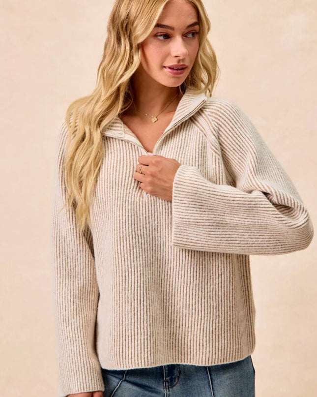 BiBi Two Tone Rib Texured Knit Collared Top with Zip Up - Sleekdenim.com