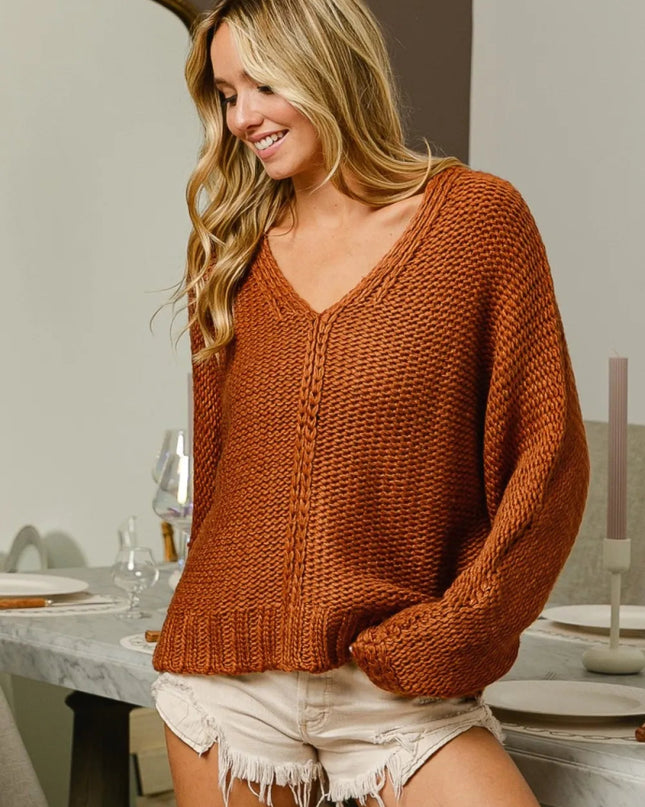 BiBi V - Neck Cable Knit Sweater - Sleekdenim.com