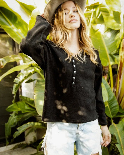 BiBi V Neck Sweater Top With Button Details - Sleekdenim.com