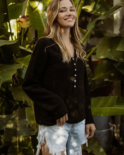 BiBi V Neck Sweater Top With Button Details - Sleekdenim.com