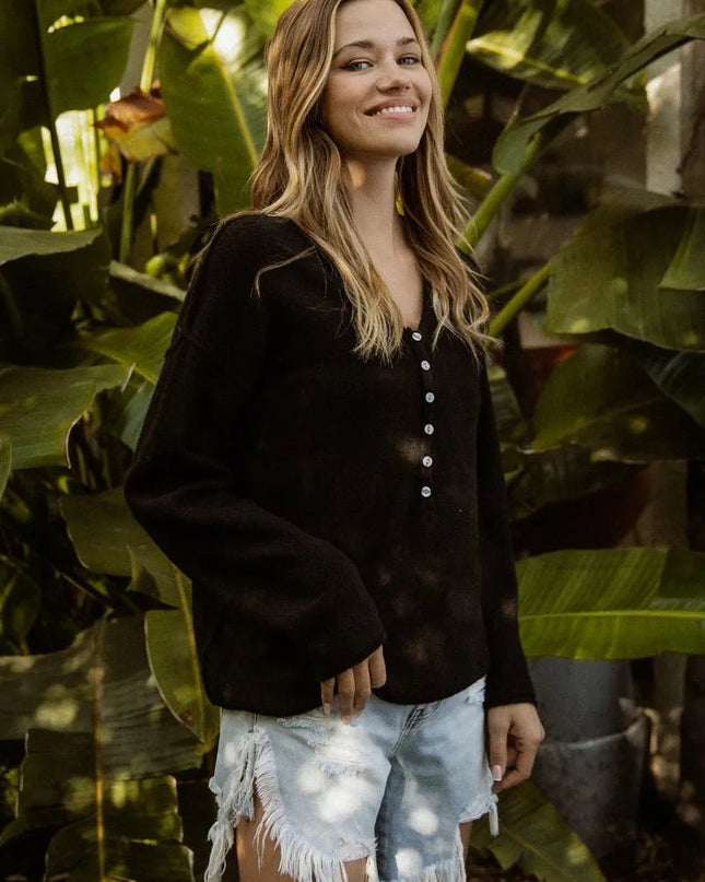 BiBi V Neck Sweater Top With Button Details - Sleekdenim.com