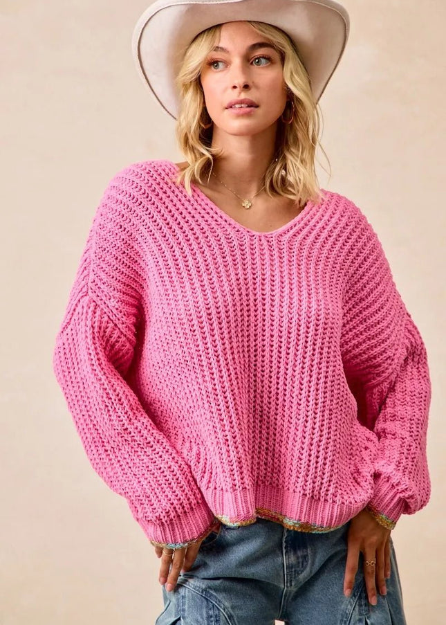 BiBi V - Neck Sweater with Colorful Trim - Sleekdenim.com