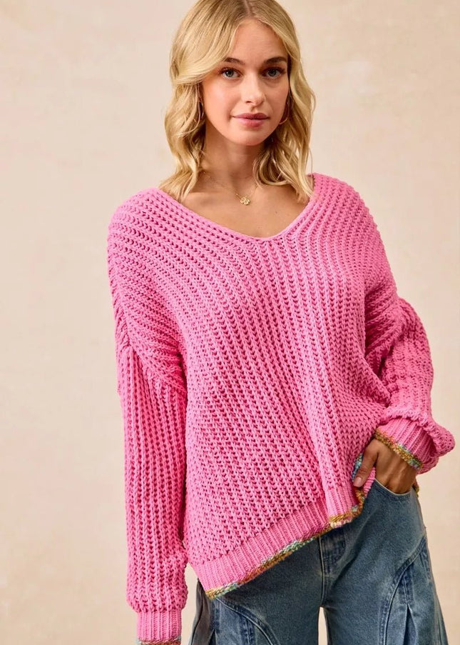 BiBi V - Neck Sweater with Colorful Trim - Sleekdenim.com