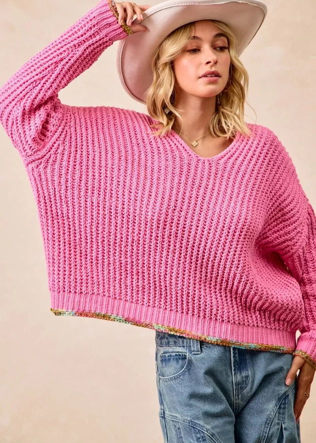 BiBi V - Neck Sweater with Colorful Trim - Sleekdenim.com