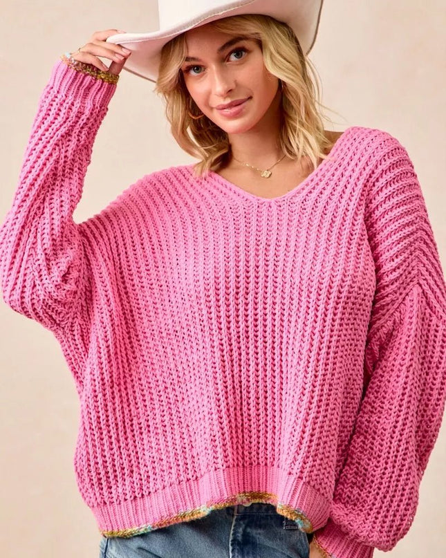 BiBi V - Neck Sweater with Colorful Trim - Sleekdenim.com