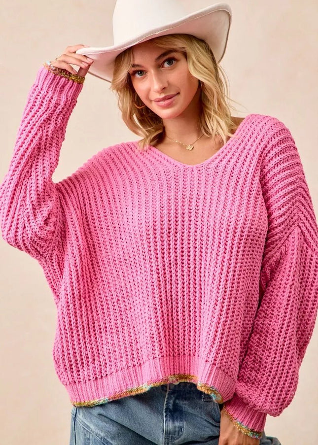 BiBi V - Neck Sweater with Colorful Trim - Sleekdenim.com