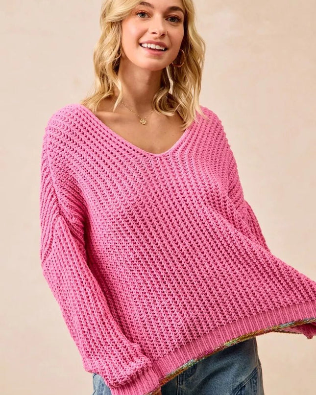 BiBi V - Neck Sweater with Colorful Trim - Sleekdenim.com