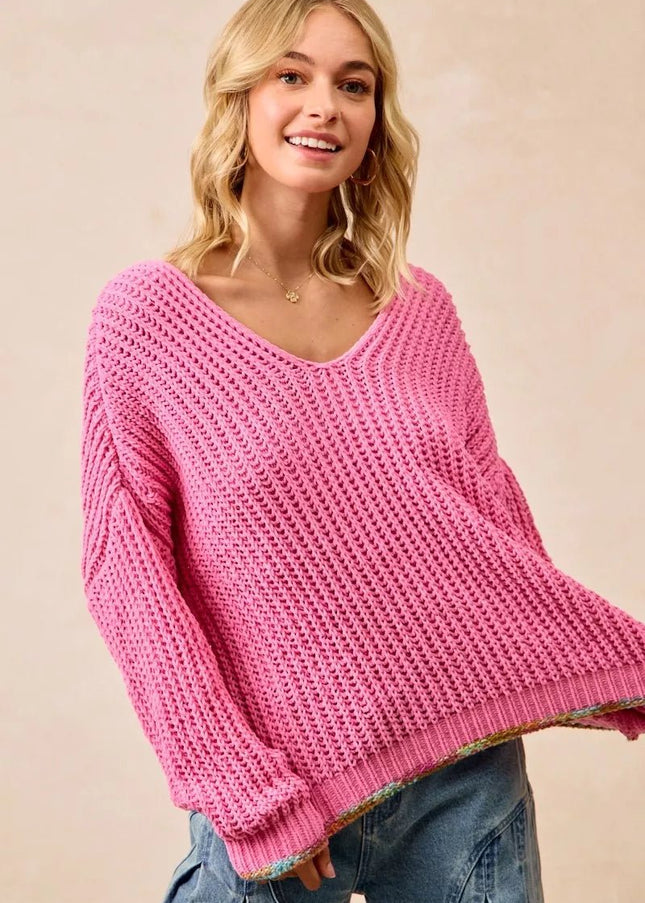 BiBi V - Neck Sweater with Colorful Trim - Sleekdenim.com