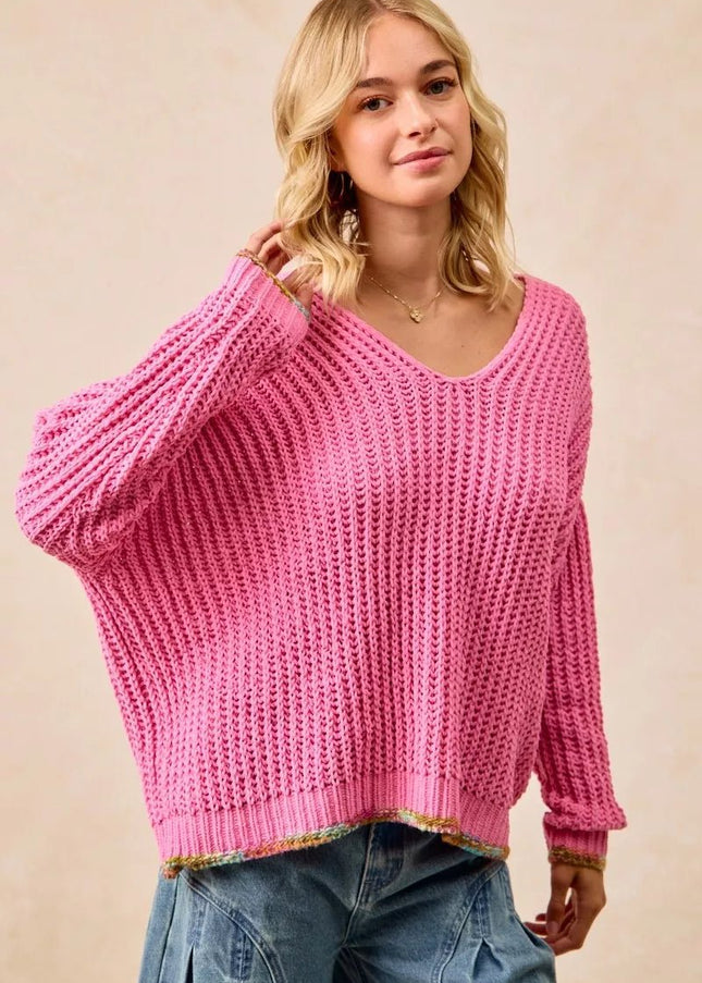 BiBi V - Neck Sweater with Colorful Trim - Sleekdenim.com