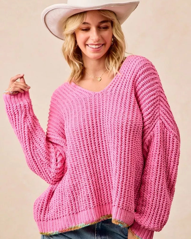 BiBi V - Neck Sweater with Colorful Trim - Sleekdenim.com