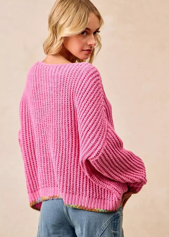 BiBi V - Neck Sweater with Colorful Trim - Sleekdenim.com