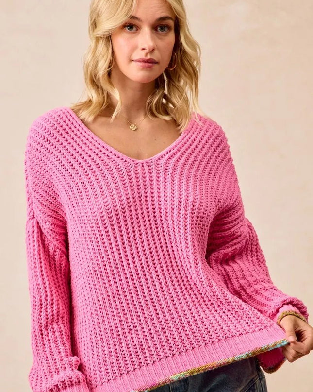 BiBi V - Neck Sweater with Colorful Trim - Sleekdenim.com