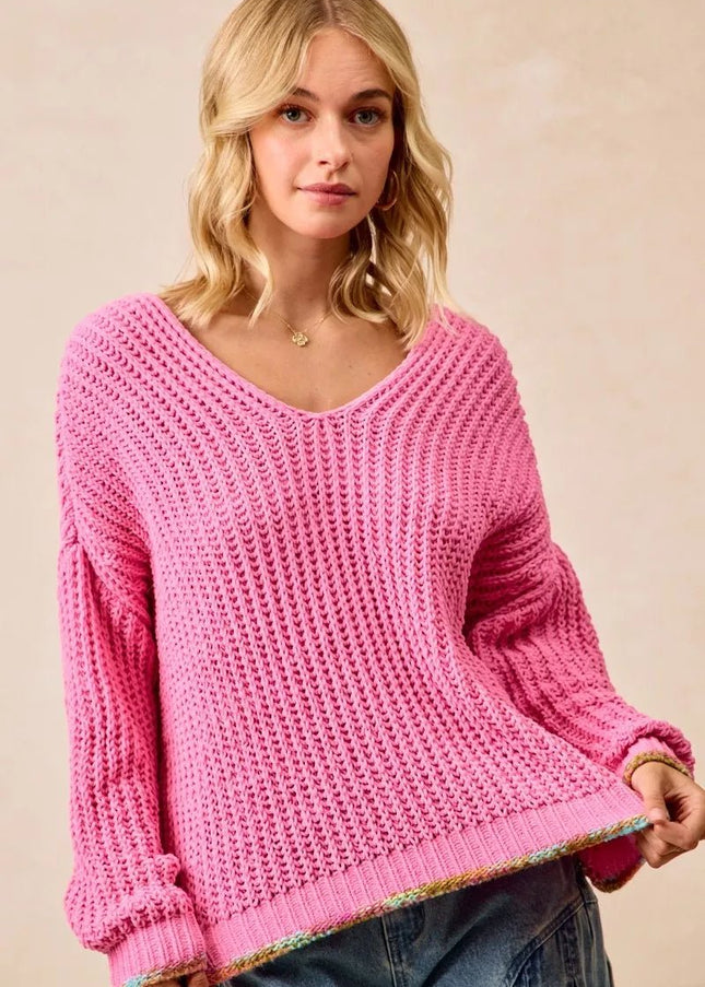 BiBi V - Neck Sweater with Colorful Trim - Sleekdenim.com