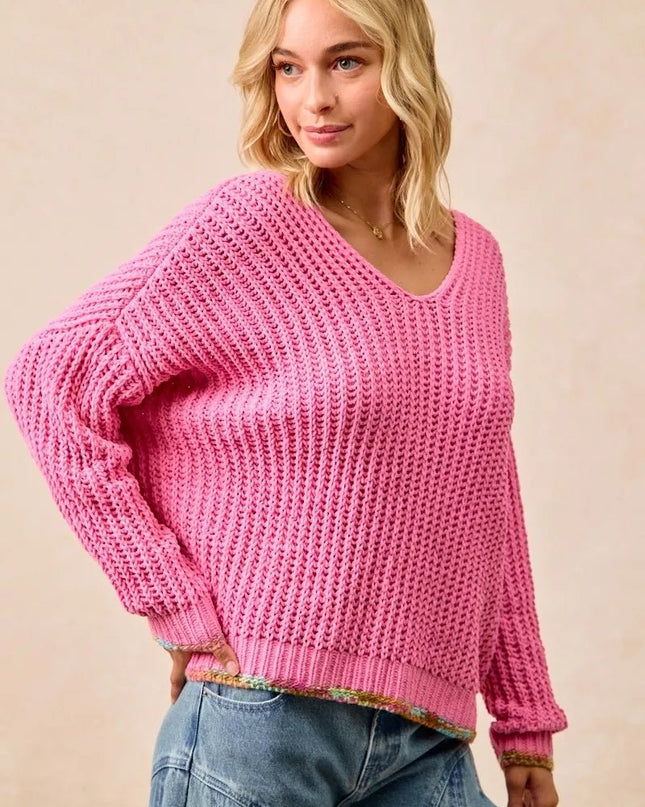 BiBi V - Neck Sweater with Colorful Trim - Sleekdenim.com
