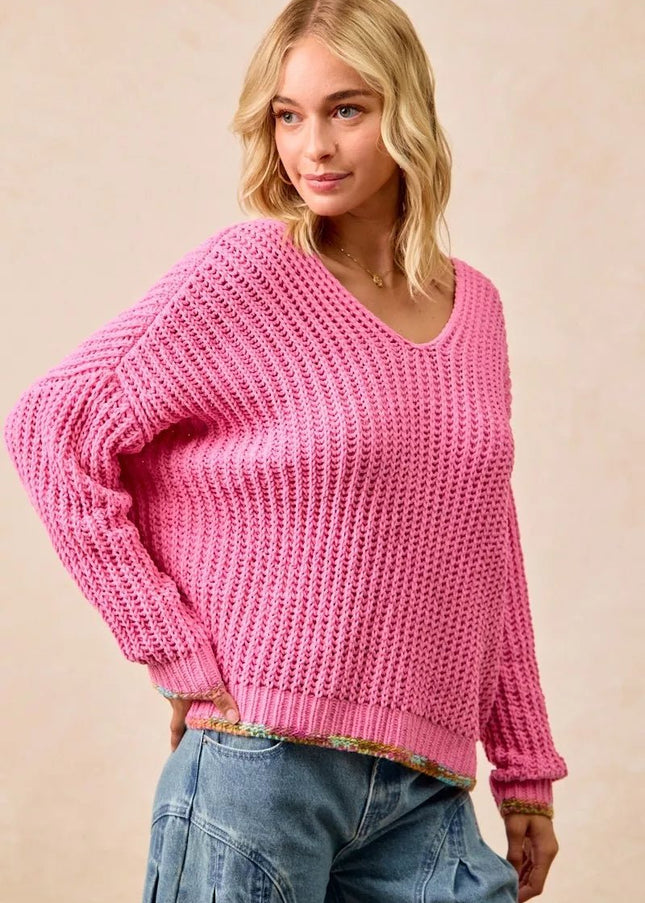 BiBi V - Neck Sweater with Colorful Trim - Sleekdenim.com
