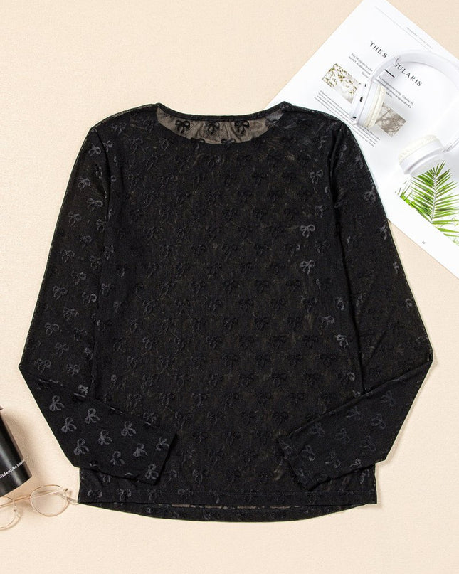 Black Bow Pattern Long Sleeve Slim Fit Mesh Top - Sleekdenim.com