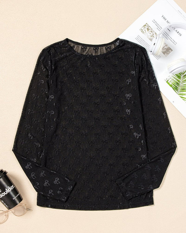 Black Bow Pattern Long Sleeve Slim Fit Mesh Top - Sleekdenim.com