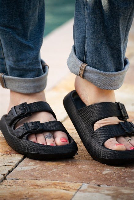 Black Buckle Slides - Sleekdenim.com