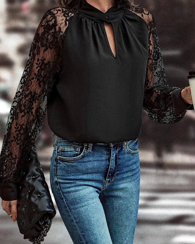 Black Keyhole Neckline Lace Splicing Raglan Sleeve Blouse - Sleekdenim.com