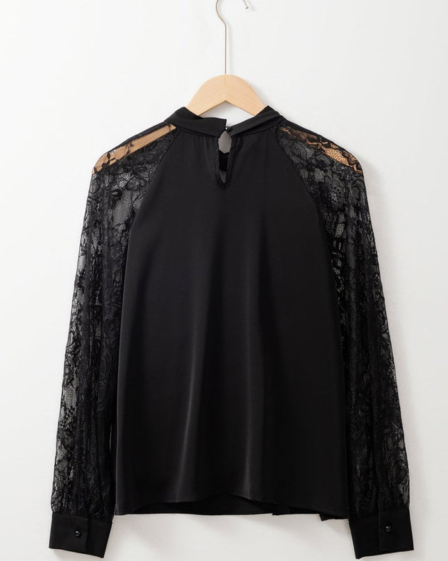 Black Keyhole Neckline Lace Splicing Raglan Sleeve Blouse - Sleekdenim.com