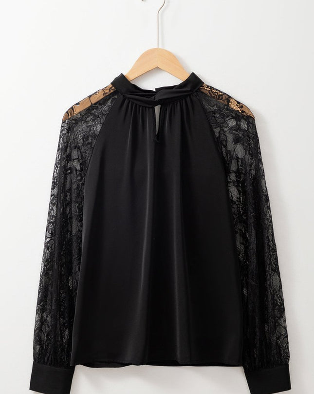 Black Keyhole Neckline Lace Splicing Raglan Sleeve Blouse - Sleekdenim.com