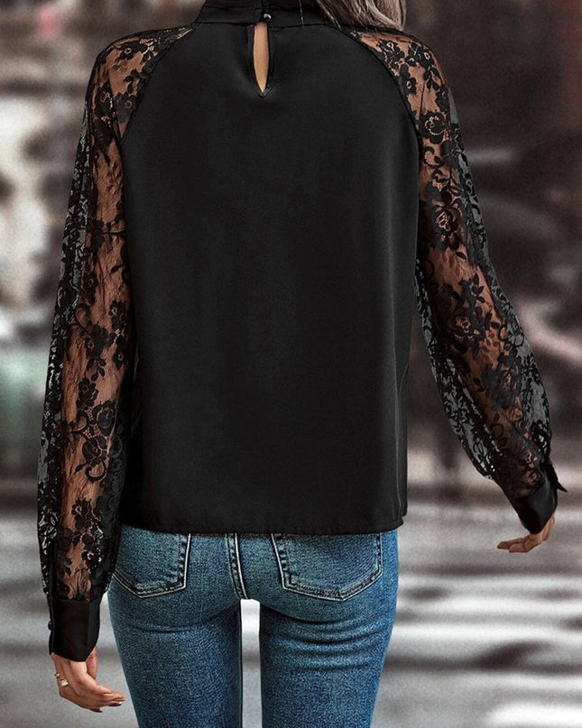 Black Keyhole Neckline Lace Splicing Raglan Sleeve Blouse - Sleekdenim.com