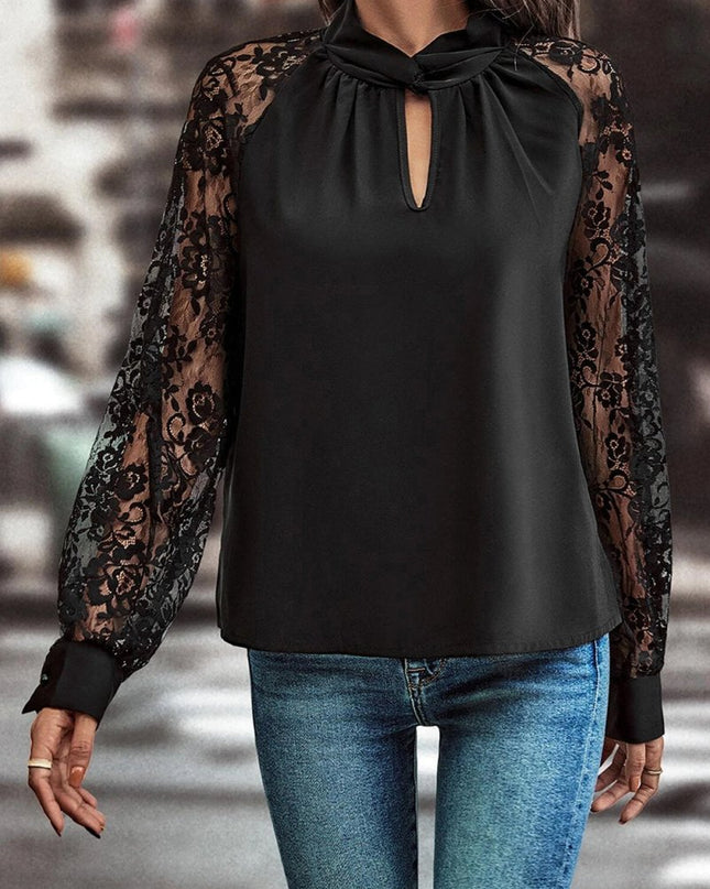 Black Keyhole Neckline Lace Splicing Raglan Sleeve Blouse - Sleekdenim.com