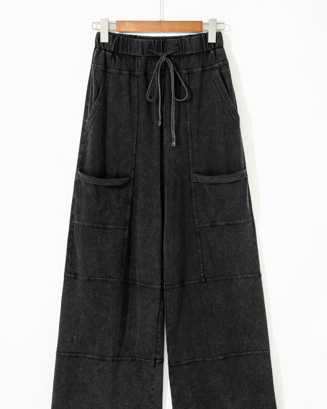 Black Mineral Wash Exposed Seam Wide Leg Cargo Pants - Sleekdenim.com