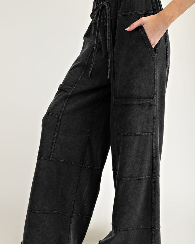 Black Mineral Wash Exposed Seam Wide Leg Cargo Pants - Sleekdenim.com