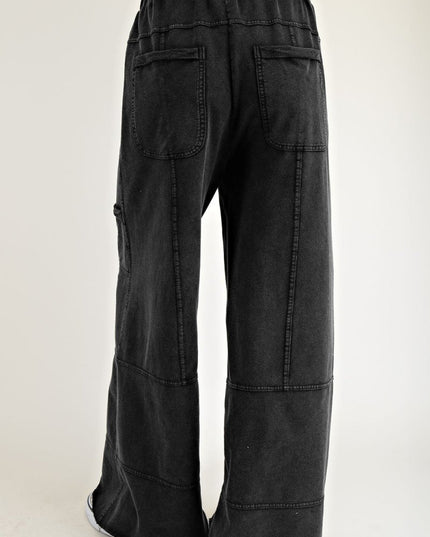 Black Mineral Wash Exposed Seam Wide Leg Cargo Pants - Sleekdenim.com