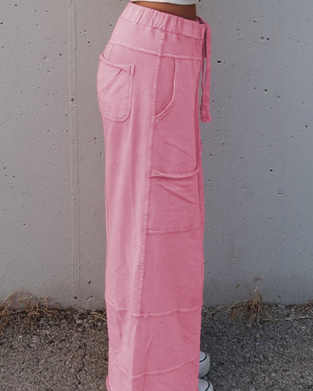 Black Mineral Wash Exposed Seam Wide Leg Cargo Pants - Sleekdenim.com