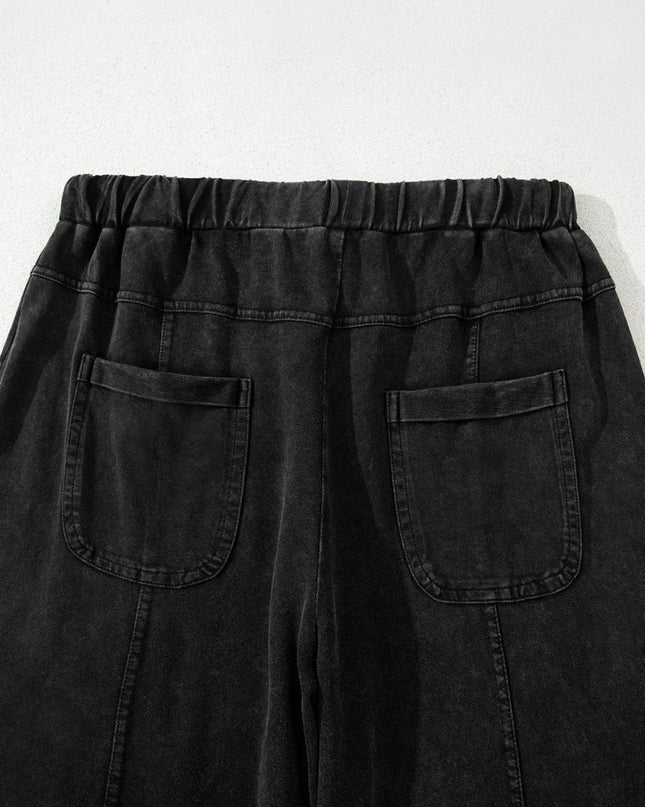 Black Mineral Wash Exposed Seam Wide Leg Cargo Pants - Sleekdenim.com