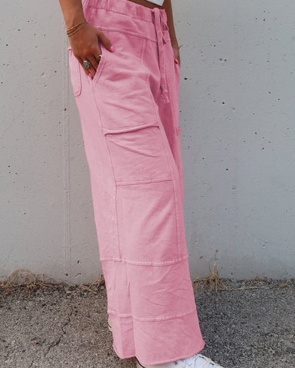 Black Mineral Wash Exposed Seam Wide Leg Cargo Pants - Sleekdenim.com