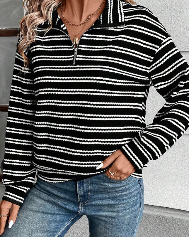 Black Stripe Textured Quarter Zip Collar Long Sleeve Top - Sleekdenim.com