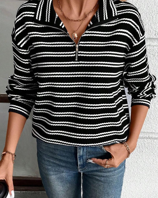 Black Stripe Textured Quarter Zip Collar Long Sleeve Top - Sleekdenim.com