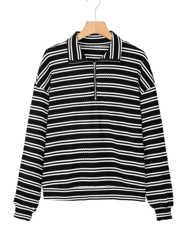 Black Stripe Textured Quarter Zip Collar Long Sleeve Top - Sleekdenim.com